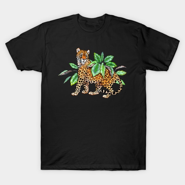 Jaguar with Calathea Leaves T-Shirt by Pip Tacla